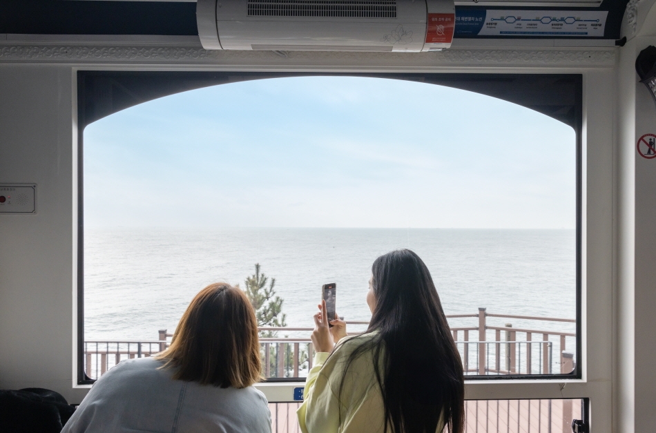 搭乘海岸列車時能輕鬆欣賞窗外蔚藍海景