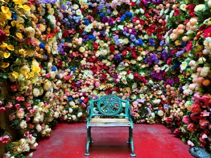Flores de todos colores alrededor de una silla