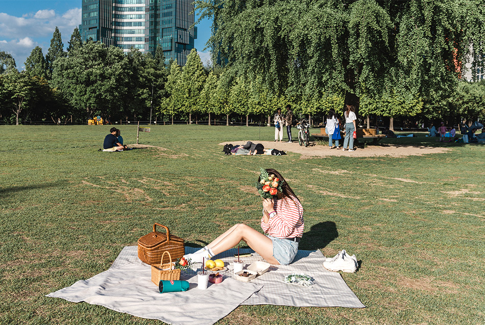 ソウルの森の芝生でピクニック