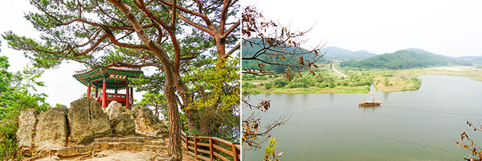 落花岩頂端的百花亭(左圖) / 白馬江與遊覽船(右圖)