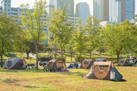漢江公園にテントを張って楽しむ人々